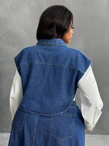 Slaydiva Blusa de manga corta versátil y casual para mujer de talla grande - Azul lavado medio - Ver 2