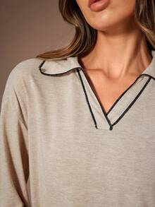 Lazeform Women's Autumn/Winter Turndown Collar Long Sleeve Contrast Trim Wide Leg Pants Pajama Set V Neck Lounge Wear Cozy Sets Women Knit Pajama Set Long Sleeve Lounge Set Lounge Wear Set - Khaki - View 5