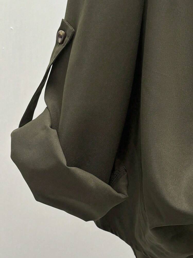 INAWLY Camisa casual de mujer con diseño de capas y mangas con puños con cuello - Verde militar - Añade 4