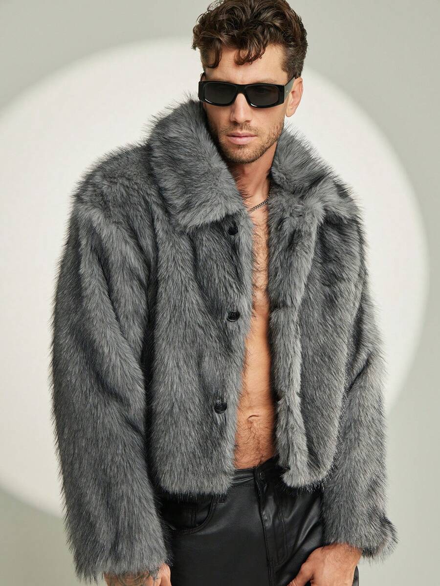 FeverCity 男士长袖休闲时尚街头风单排扣翻领仿皮草外套 - 駝色 - 查看 1