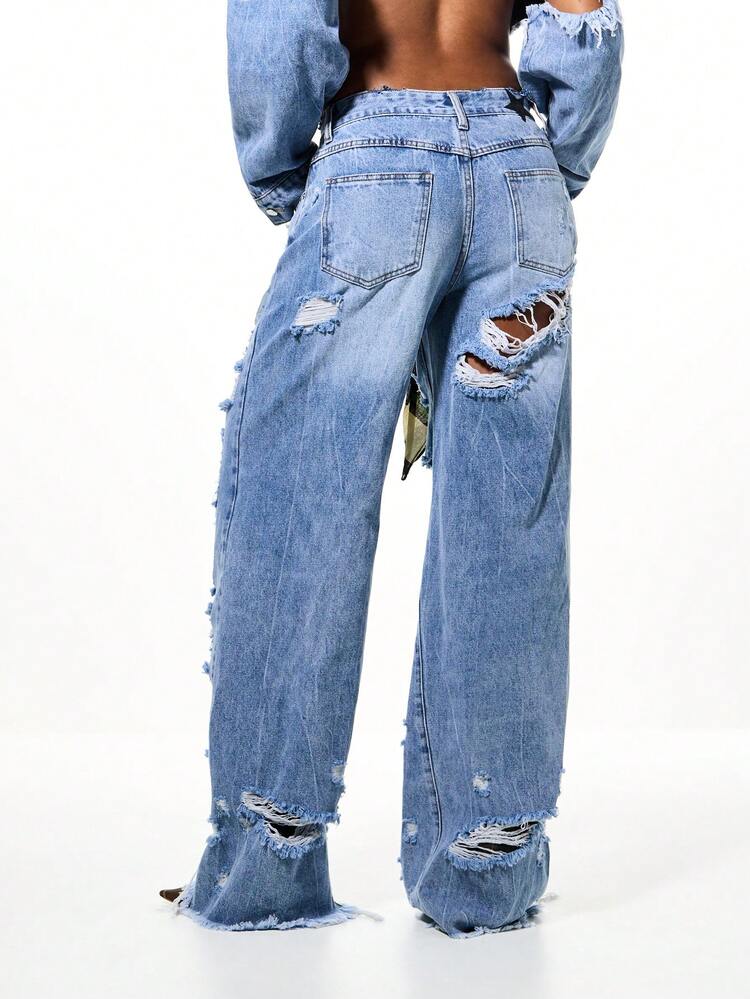 SUMWON WOMEN Extreme Distressed Low Rise Ripped Wide Leg Jeans For Women Street Style Camo Bandana Grunge Fashion