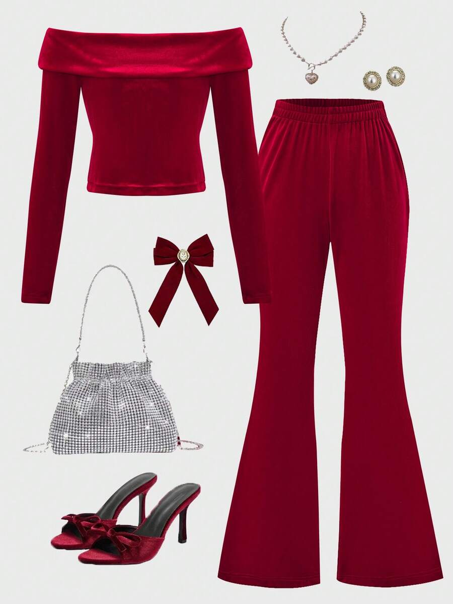 Women's Solid Color Off Shoulder Long Sleeve Fashionable Top And Flared Velvet Pants Set - Burgundy - View 1