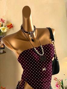 SHEIN EZwear Women's Casual Drawstring Tie-Front Cropped Tube Top - Burgundy - View 7