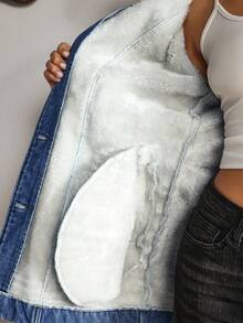 EMERY ROSE Women's Casual Denim Jacket With Fur Collar And Horn Buttons, Autumn/Winter - Blue - View 2