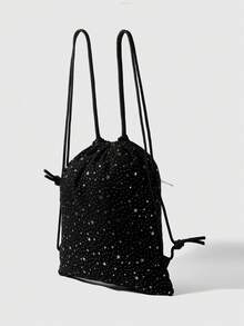 ROMWE Anime 星空印花图案，配五角星吊坠，大容量多口袋拉链透明口袋抽绳背包，时尚百搭，适合上学、度假、聚会、购物等场合。 - 黑色 - 查看 2