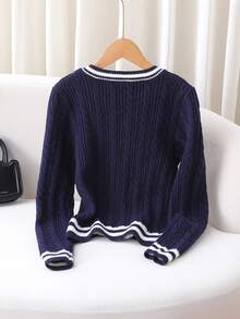 SHEIN Tween Girl Casual Patchwork Striped Trim V-Neck Pointelle Knit, Autumn/Winter Blue And White Stripe Sweater For Girls Sweater Girl Sweater Navy Blue Sweater Girls Summer Clothes For Teens Sweater Sweater For Teen Girls Cute Sweater Sweater For Tweens Aesthetic Preppy Clothes For Girls 12 Girls Autumn Winter Clothes Sweater For Girls Jumper For Girls Kids Sweater Girl Sweater Girl Clothes Autumn And Winter Clothes Sweater For Tweens Tween Girl Jumper Youth Sweaters Knit Sweater Tween Girl Clothes Sweater Cute Sweater - Navy Blue - View 2