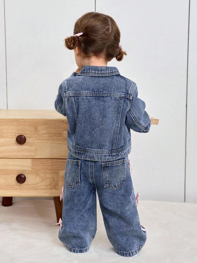 SHEIN 2件套女婴粉色蝴蝶结牛仔翻领长袖短外套和阔腿裤套装 - 淺色水洗藍 - 查看 5