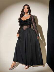 Viva Relle 大码女式垂坠领长袖缎面蕾丝拼布镂空中长款 A 字黑腰连衣裙，优雅复古休闲派对长裙 - 黑色 - 查看 6