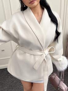 CovetEZ Plus Size Women's Autumn/Winter Shawl Neck Belted Fuzzy Cuff Overcoat - Beige - View 6