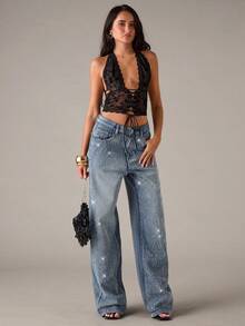 SHEIN BAE 女式休闲水洗水钻直筒牛仔裤 - 淺色水洗藍 - 查看 6