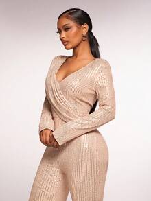 Radiana Bộ jumpsuit sequin màu sâm panh quyến rũ, gợi cảm dành cho nữ, cổ chữ V, tay dài, thích hợp cho các buổi tụ họp, sinh nhật, tiệc tùng, tiệc chiêu đãi, câu lạc bộ, hộp đêm, Giáng sinh, đêm giao thừa, các ngày lễ; dạ hội; váy dạ hội. - Rượu sâm banh - Xem 5