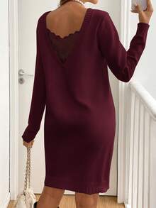 SHEIN Frenchy Váy len ngắn tay dài viền bèo nhún ren cho nữ mùa thu/đông - Màu Hồng Tươi - Xem 3