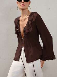 Aveloria Modichic 裸粉色女式雪纺层叠荷叶边下摆透明浪漫优雅性感休闲百搭长袖衬衫 - 咖啡棕 - 查看 5