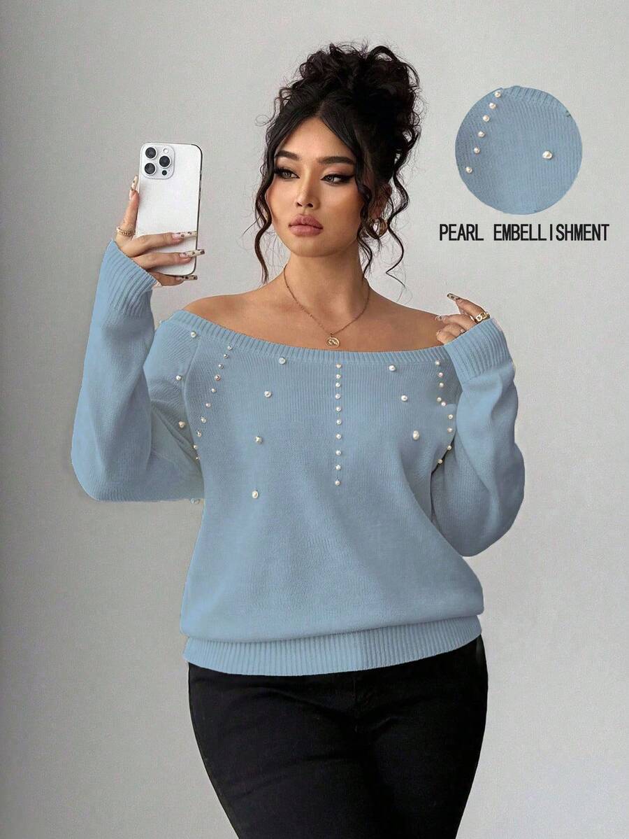Elenzga Pearl Embellished Off-Shoulder Sweater, Combining Softness And Elegance - Blue - View 1