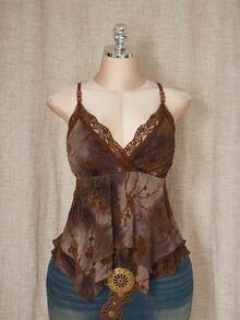 SHEIN ICON 女士加大码性感度假复古波西米亚风植物系列田园风棕色网纱花朵植绒拼接蕾丝V领串珠不对称下摆吊带背心 - 彩色 - 查看 4