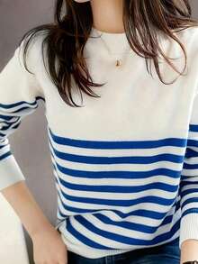 INAWLY 女式休闲条纹立领长袖毛衣