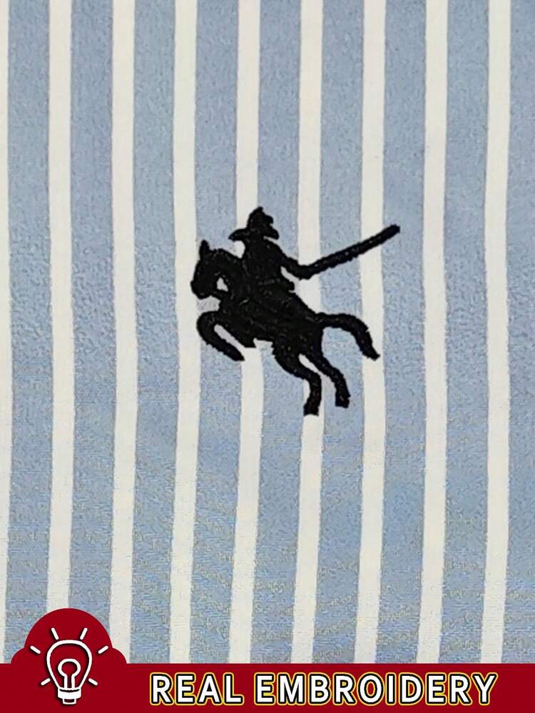 INAWLY 女式拼色蓝条纹长袖衬衫 - 藍色 - 查看 6