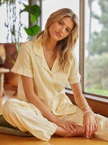 格子印花睡衣套装女式短袖上衣和松紧腰裤，休闲套装 - 黃色 - 查看 4