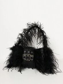 MUSERA 羽毛装饰仿皮搭扣手提包，适合节日、假日、派对、圣诞节等场合。 - 黑色 - 查看 3