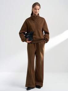 Airaco 女士休闲纯色半开领口袋连帽衫，直筒卷边运动裤，两件套，适合春秋冬 - 棕色 - 查看 5