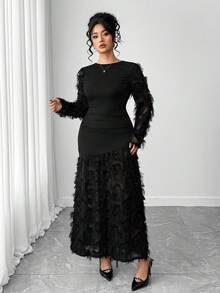 Elenzga 大码女式优雅拼布刺绣3D花卉连衣裙，秋冬 - 黑色 - 查看 3