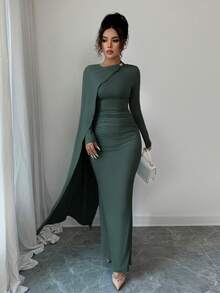 Elenzga Váy dự tiệc sinh nhật màu xanh da trời thanh lịch mùa hè mới, váy dài xếp ly eo đa năng dành cho nữ - màu xanh lá - Xem 4