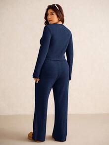 Elaquor Plus Size Women 2 Pieces Set,Navy Blue Ribbed Knit Button Decor Asymmetrical Hem T-Shirt&Pants,Autumn Curve Smart Casual Loungewear For Winter Commute - Navy Blue - View 2