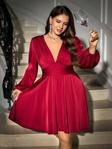 Reflora 大码女式纯色深V领灯笼袖褶饰性感连衣裙 - 紅色 - 查看 4