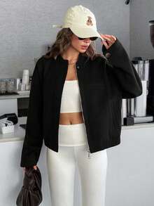 EURMUSE Women's Cropped Bomber Jacket With Elastic Hem And Minimalist Design, Stylish And Versatile Outerwea - Black - View 6