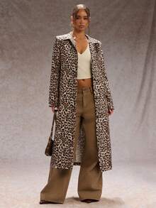 SHEIN Glamour 女式复古豹纹长款休闲夹克，秋冬豹纹休闲外套，适合日常穿着 - 彩色 - 查看 1