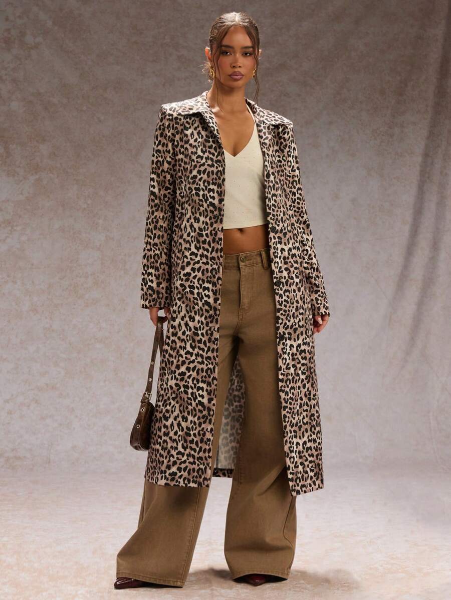 SHEIN Glamour 女式复古豹纹长款休闲夹克，秋冬豹纹休闲外套，适合日常穿着 - 彩色 - 查看 1