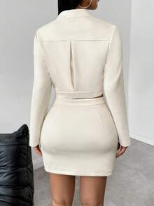 Chiquease 2 件女式拉链开衫衬衫和 A 字裙套装，休闲 - 米色 - 查看 2