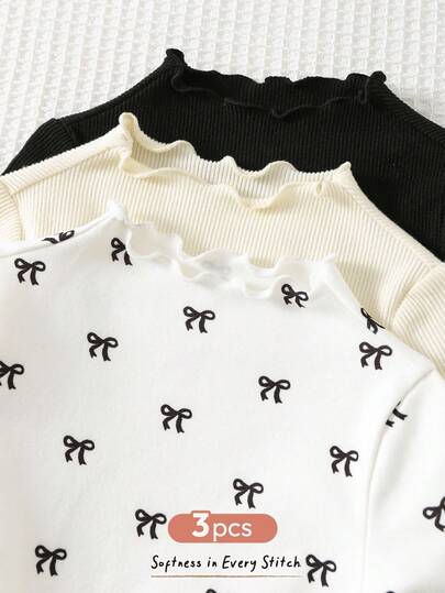 Cozy Pixies 3件套女婴纯色针织柔软圆领长袖荷叶边下摆套头毛衣套装