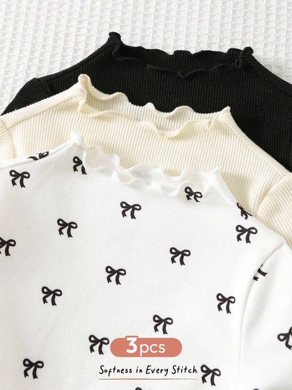 Cozy Pixies Set de 3 piezas de suéter de niña bebé con cuello redondo de punto suave, manga larga y dobladillo con volantes en unicolor