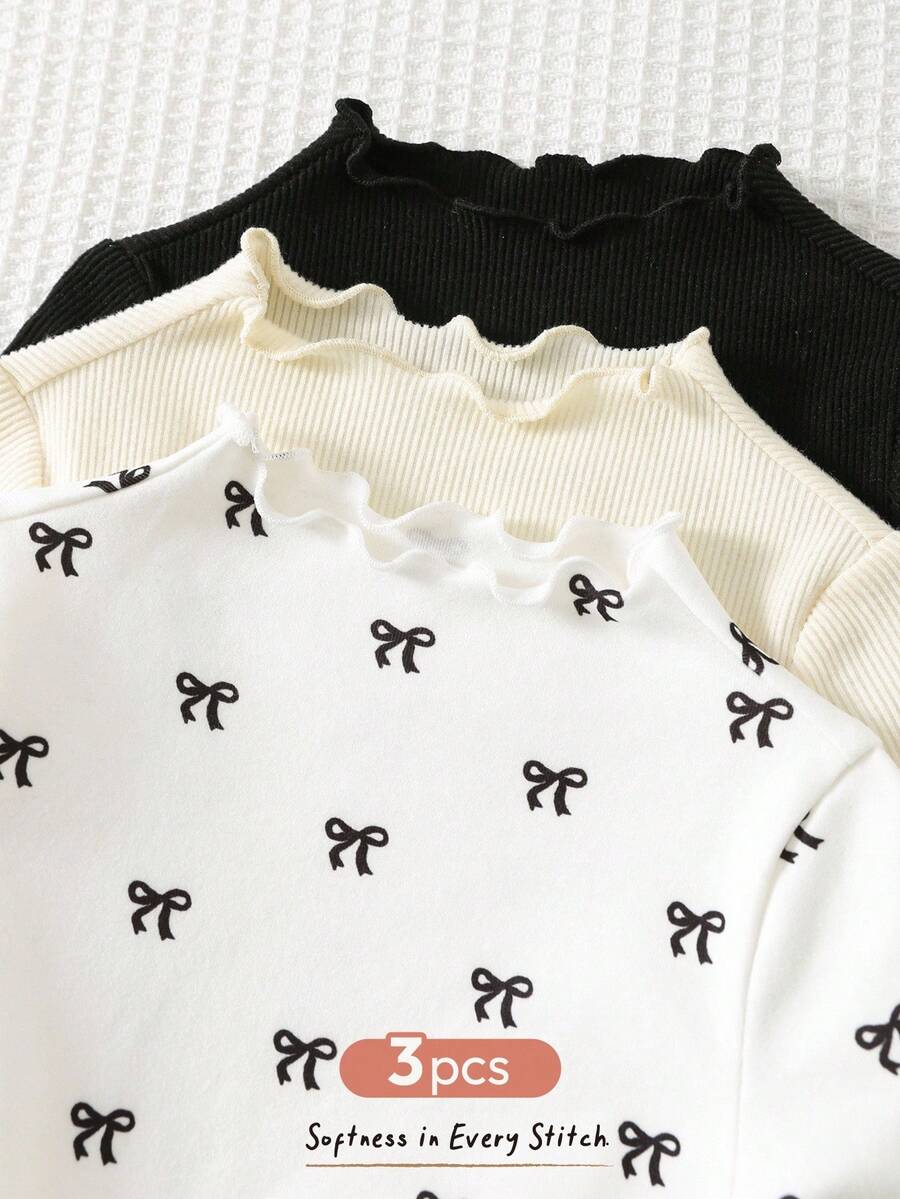 Cozy Pixies 3pcs Baby Girl Solid Color Knit Soft Round Neck Long Sleeve Ruffle Hem Pullover Sweater Set - White - View 1