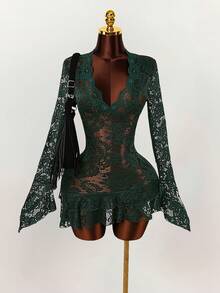 Amplova 夏季嬉皮风格女士透明低胸迷你连衣裙 - 軍綠色 - 查看 6