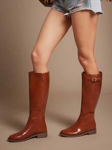 SHUZIA Women's Comfortable Chunky Lug Sole Knee High Boots With Adjustable Buckle - Brown - View 2