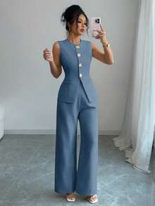 Selianne Bộ đồ thường ngày/đi làm trang trí cúc hoa thanh lịch dành cho nữ - Màu xanh lam - Xem 5