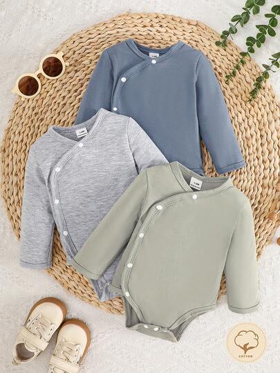 SHEIN Newborn Baby Girls/Boys White Solid Color Crossed Collar Comfortable Cute Fun Elegant Simple Fashion Soft Long Sleeve Elastic Bodysuit Outfit Set