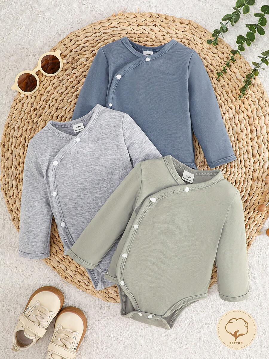 SHEIN 新生儿男女宝宝白色纯色交叉领舒适可爱趣味优雅简约时尚柔软长袖弹力连体衣套装 - 彩色 - 查看 1