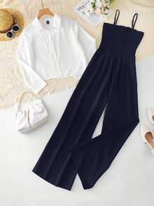 Franclia 女式休闲白衬衫和黑色连体裤两件套 - 藏蓝色 - 查看 1