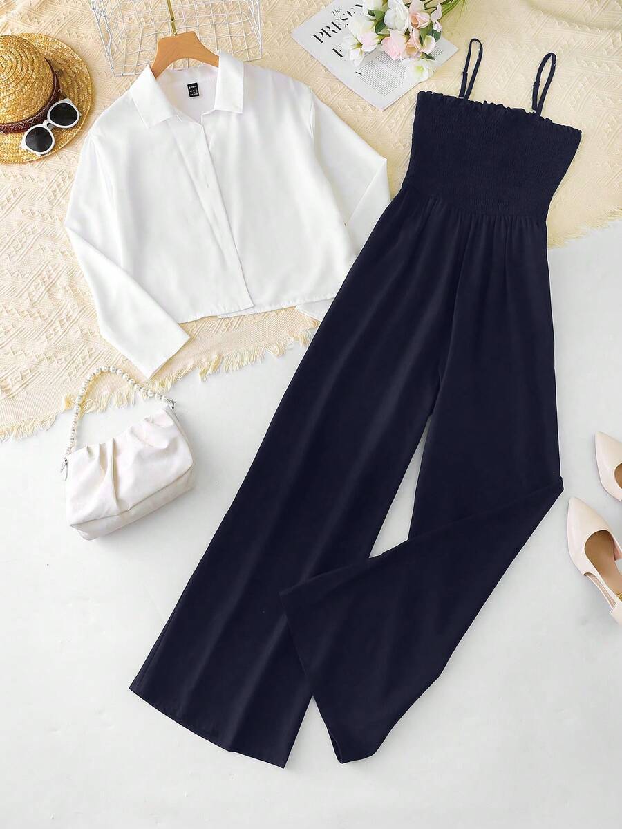 Franclia 女式休闲白衬衫和黑色连体裤两件套 - 藏蓝色 - 查看 1