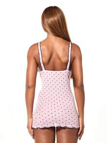 SUMWON WOMEN Pink Polka Dot Mesh Camisole Mini Lounge Dress With Scalloped Trim And Bow Detail - Multicolor - View 2