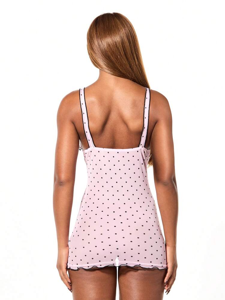 SUMWON WOMEN Pink Polka Dot Mesh Camisole Mini Lounge Dress With Scalloped Trim And Bow Detail - Multicolor - View 2