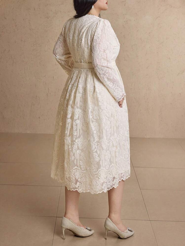 Dazy Plus Plus Size Women Square Collar Contrast Lace Elegant Fitted Long Sleeve Party Dress, Spring/Autumn Maxi Dress