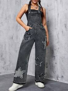 SHEIN Teen Girl Y2k Frayed Patchwork Star Gray Denim Loose Fit Overalls,Fall Clothes,Winter Clothing ,Casual And Fashionable Vacation Outfits,2000s Style ,Halloween Denim Jeans ,Christmas Outfits,Street Wear  Overalls,Bluck Denim Pants