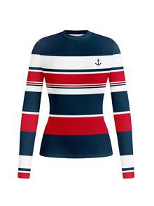 SHEIN Clasi 休闲简约红白蓝航海条纹复古风格针织打底T恤，百搭秋冬 - 彩色 - 查看 2