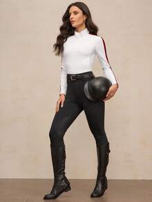 Activina Women's Contrast Color Minimalist Equestrian Long Sleeve Top - White - View 4