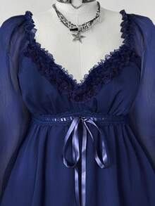 Sunspun Áo cánh thời trang thanh lịch tay dài cổ tim ren tương phản cỡ lớn dành cho nữ - Màu xanh hải quân - Xem 5