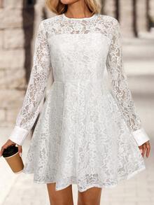 EMERY ROSE Women's Solid Color Round Neck Raglan Sleeve Ruffle Lace Elegant Short Dress,White Dresses For Women Spring Outfit Women,Valentine Outfits For Women - White - View 4